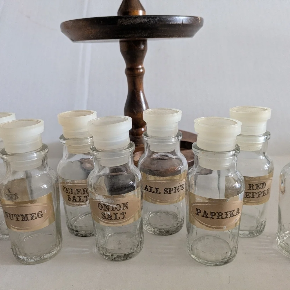 Vintage Glass Spice Jars Bottles Set of 12.Apothecary Jars With Wood Lazy Susan